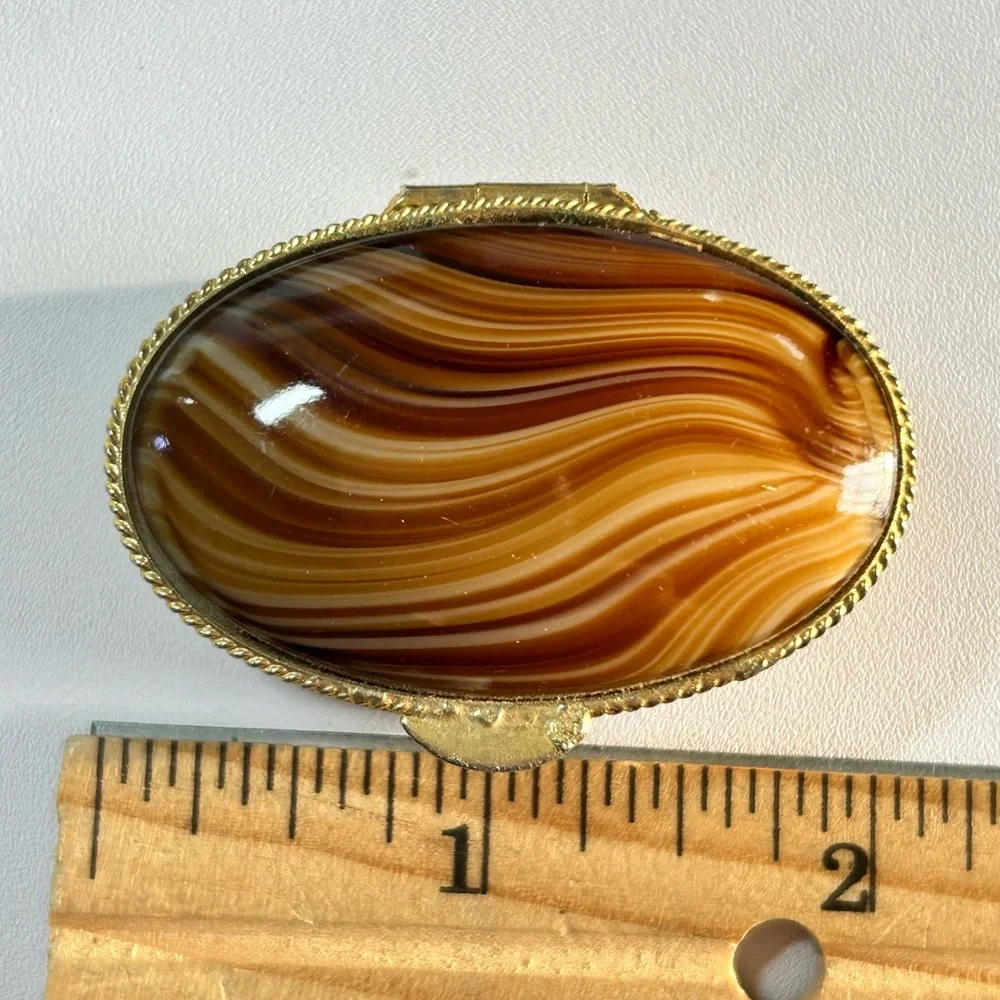 Vintage oval trinket pill box gold tone floral design faux agate gemstone